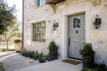 Obraz premium This delightful stone exterior showcases a beautifully carved rustic wooden door, complemented by meticulously maintained planters, all set in a tranquil outdoor environment