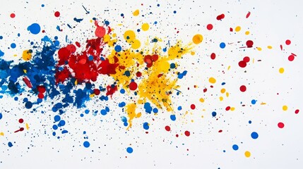 Vibrant splatter paint in bold red, yellow, and blue.