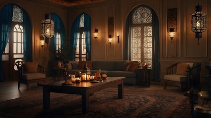 First day in Ramadan, The scene is set in a warm, inviting living room. The walls are adorned with traditional Islamic art, and the soft glow of lanterns fills the room