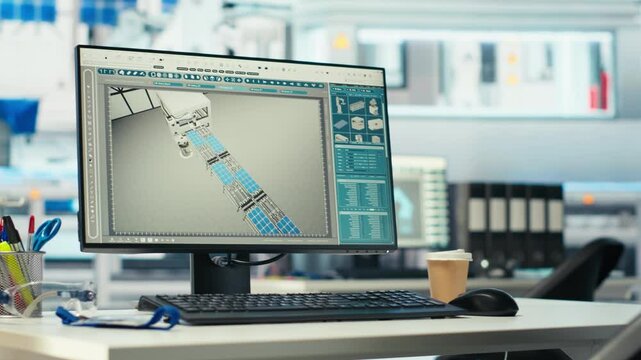PC monitor on desk in green energy solar panels plant with CAD software used to optimize layouts. Computer program in eco friendly photovoltaics factory doing arrangements for maximum energy output