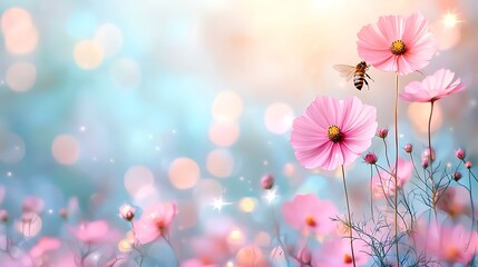 Fototapeta premium Buzzing bees and pink flowers nature's enchanted garden in soft light serenity