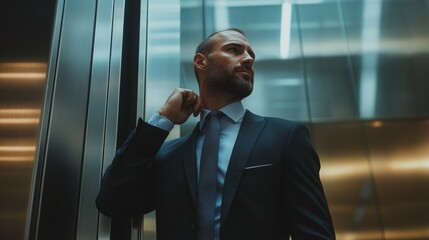A contemplative businessman in a dark suit adjusts his collar in an elevator.