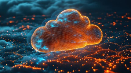 3D Render of Digital Cloud with Glowing Particles and Network Connections in Futuristic Technology Background