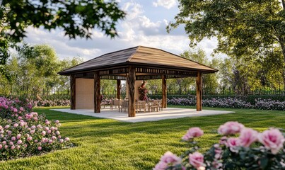 Naklejka premium Wooden gazebo in a rose garden, sunny day, outdoor dining