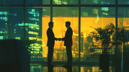 Fototapeta premium Two businessmen shake hands in a modern office at night, cityscape in the background.