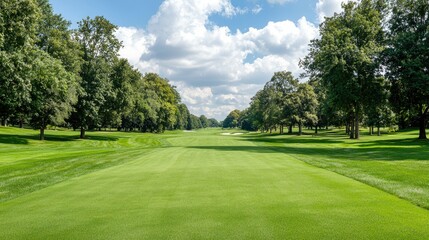 Fototapeta premium Golf course fairway, trees, summer sky, lush green grass, relaxing scene