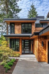 Fototapeta premium Modern wooden house with large windows surrounded by greenery in a peaceful forest setting under a clear blue sky during the day