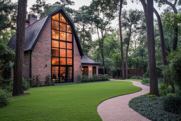 Obraz premium Charming brick house surrounded by lush greenery and a winding pathway in a tranquil forest setting during the golden hour