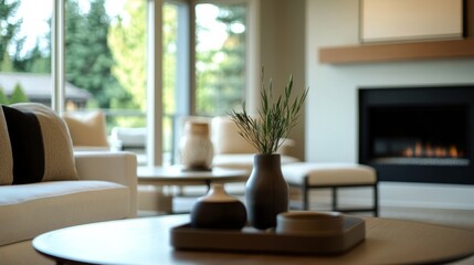 Fototapeta premium Cozy contemporary living room with comfortable seating and a fireplace, blending elegance and warmth. 