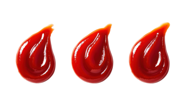 Three glossy red tomato ketchup swirls on a transparent background, perfect for food illustration and condiment design