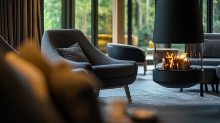 Cozy contemporary living room with comfortable seating and a fireplace, blending elegance and warmth.
