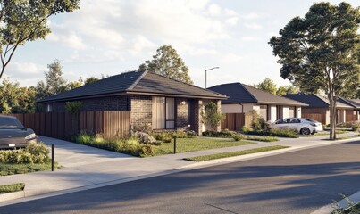 Suburban homes, new construction, residential street, trees in background.  Possible use Real estate advertisement