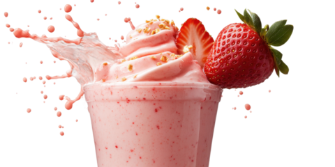 Refreshing strawberry smoothie with splash and toppings in a clear plastic cup on a transparent background Concept of healthy eating, summer drink, and delicious dessert