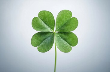 A vibrant four-leaf clover against a light gray backdrop, ideal for St. Patrick's Day designs, symbolizing good fortune and hope with ample space for text.