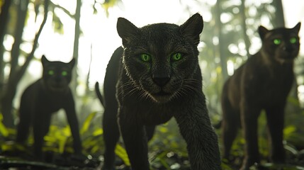 Obraz premium Three Black Panthers Prowling Through a Lush Forest
