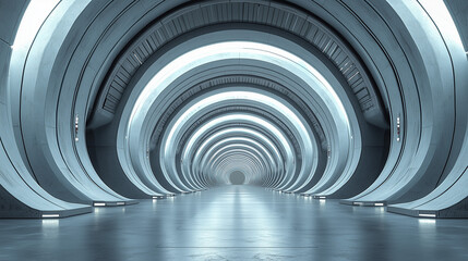 Futuristic sci fi tunnel with glowing blue circular arches, modern symmetrical corridor with metallic design and neon lighting