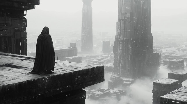 Mysterious hooded figure stands on the edge of a futuristic dystopian cityscape with towering structures and misty atmosphere