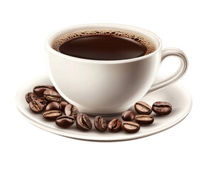 Aromatic cup of black coffee with roasted coffee beans on a transparent background Concept of morning beverage, caffeine boost, and coffee break