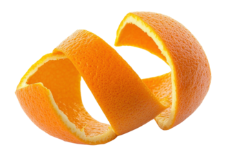 Vibrant orange peel spiral on a transparent background showcasing citrus fruit zest and healthy eating concept