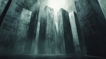 Mysterious towering concrete structures in a dystopian foggy environment with dramatic lighting and a surreal atmosphere