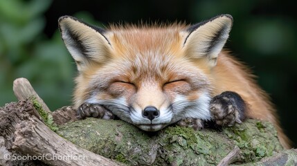 Naklejka premium Sleepy Red Fox resting on log, natural habitat, wildlife