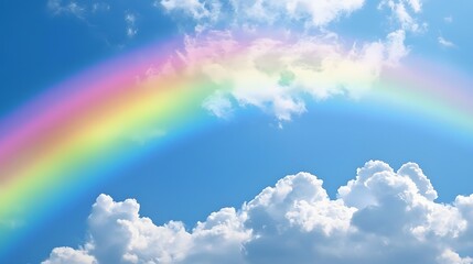 A beautiful colorful rainbow stretches across the clear blue sky