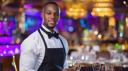 Confident and professional African American waiter in formal uniform serving drinks and food to customers at an elegant upscale restaurant or bar setting with city nightlife ambiance