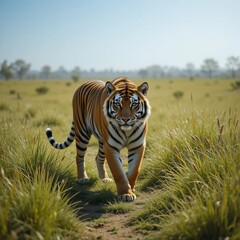 Fototapeta premium Majestic Bengal Tiger Walking Towards the Camera in a Grassy Field