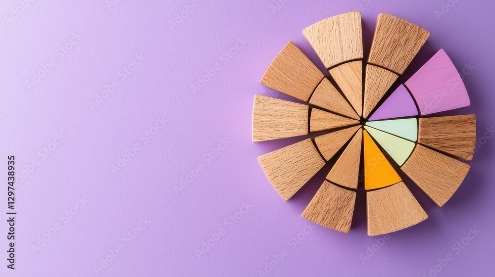 Poster wooden blocks arranged in stylized pie chart display geometric patterns for business data analysis a