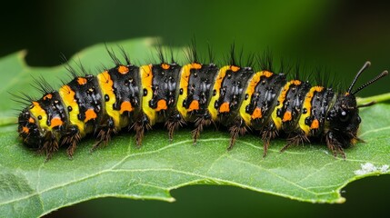 Naklejka premium Close-up of a vibrant, hairy caterpillar crawling on a green leaf.