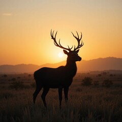 Majestic Deer Silhouette at Sunrise in Serene Meadow Landscape