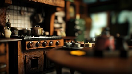 Cozy vintage kitchen with rustic decor, cooking utensils, and warm lighting creating a homely atmosphere