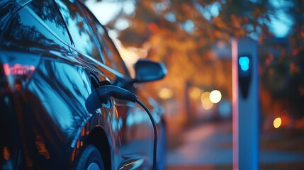 Naklejka premium Electric vehicle charging with blue energy glow, symbolizing sustainable mobility and clean energy transition. 