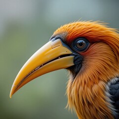Fototapeta premium Close up Portrait of a Rufous necked Hornbill Exotic Bird with Vibrant Orange Plumage and Large