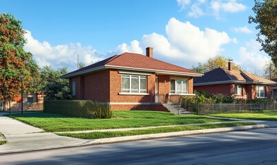 Suburban brick home, sunny day, residential street, houses in background