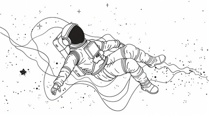 Obraz premium Minimalist black and white line art illustration of an astronaut floating in space, drawn with a continuous black line and subtle star details, highlighting a serene cosmic scene