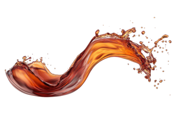 Dynamic splash of amber liquid, creating a wave effect on a transparent background Concept of refreshment, energy, and motion