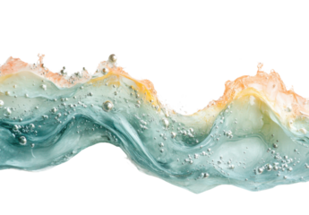 Abstract fluid art with teal and orange swirls and bubbles on a transparent background Concept of modern art, design element, and decorative texture