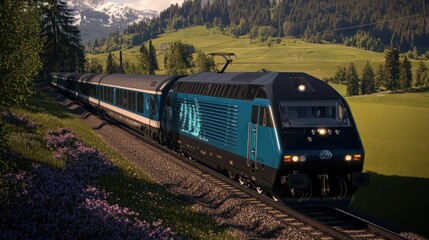 Obraz premium Scenic train journey through lush green hills with mountains in the background