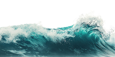 Fototapeta premium Powerful turquoise ocean wave crashing with white foam on a transparent background Concept of marine energy, natures force, and dynamic seascape