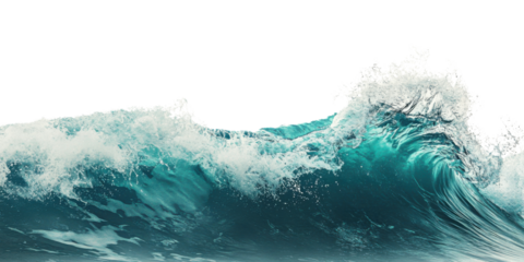 Powerful turquoise ocean wave crashing with white foam on a transparent background Concept of marine energy, natures force, and dynamic seascape