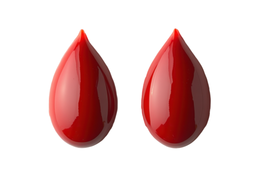 Two glossy red blood drops on a transparent background, symbolizing medicine, healthcare, and blood donation