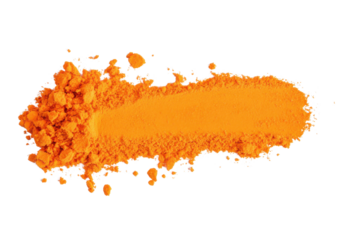 Vibrant orange pigment powder on transparent background, showcasing color burst and texture for cosmetic or artistic applications