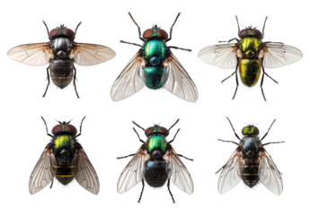 Collection of colorful blow flies, showcasing iridescent insect diversity on a transparent background Macro photography of six different carrion flies for scientific study
