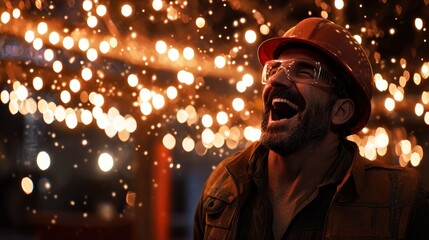 Joyful construction worker in safety gear laughing amidst festive lights at a lively event