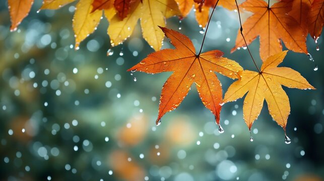 Vibrant autumn maple leaves on damp background with bokeh effect for seasonal graphic design