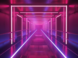 Luminous tunnel with pink neon lights on metal walkway with concrete walls in a futuristic setting