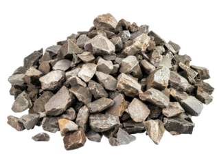 Pile of angular gray crushed stone aggregate on a transparent background for construction and landscaping projects