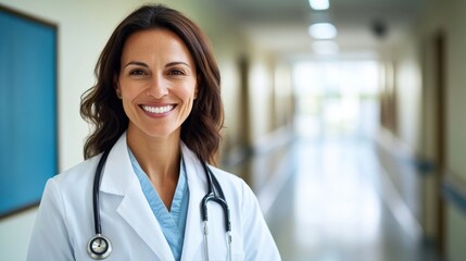 Female doctor in white coat with stethoscope, smiling confidently, head and shoulders portrait, professional studio lighting.
