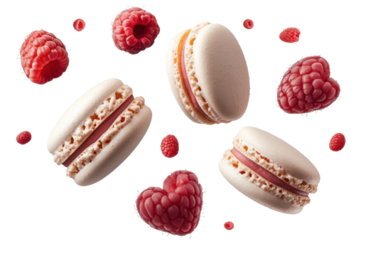 Delicious raspberry macarons floating on a transparent background, a sweet treat concept for dessert lovers and bakery enthusiasts